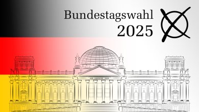 Zeichnung des Deutschen Bundestags mit Hinweis auf Bundestagswahl 2025