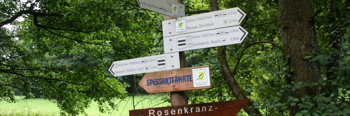 Foto eines Wegweisers in Horbach, mit Pfeilen zum Beispiel zum Fernblick, zur Spessartfährte und zum Gondelteich
