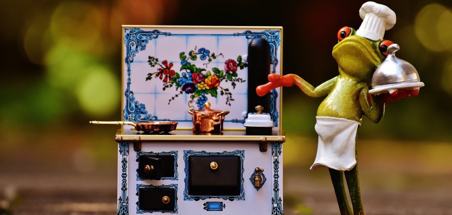 Foto auf dem eine Froschfigur im Kochoutfit neben einem Herd zu sehen ist