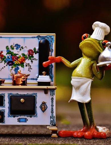 Chefkoch Foto, auf dem eine Froschfigut im Kochoutfit neben einem Herd zu sehen ist.