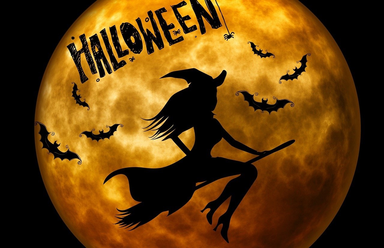 Halloween Bild mit einer Hexe auf einem Besen  umgeben von Fledermäusen vor einem Vollmond 