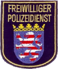 Das Foto zeigt das Emblem für den Freiwilligen Polizeidienst des Landes Hessen mit dem Schriftzug Freiwilliger Polizeidienst und dem Hessischen Wappen