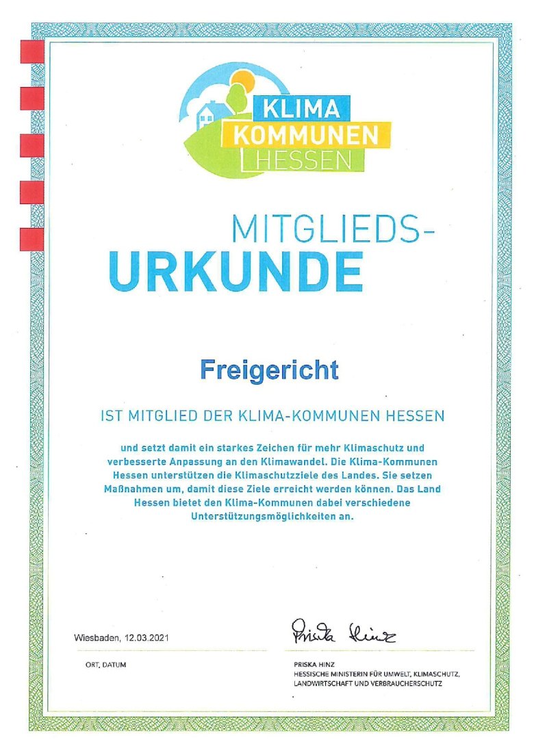 Das Bild zeigt die Urkunde für die Klima Kommune Freigericht