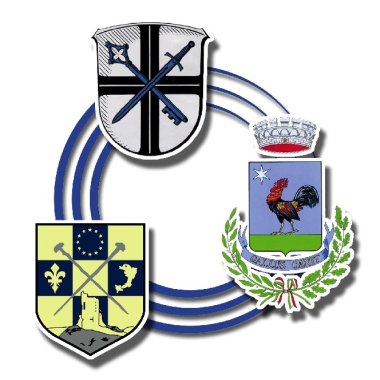 Das Logo der Verschwisterung mit Frankreich und Italien zeigt die drei Wappen der verschwisterten Kommune, die mit kreisrunden Linien verbunden sind.