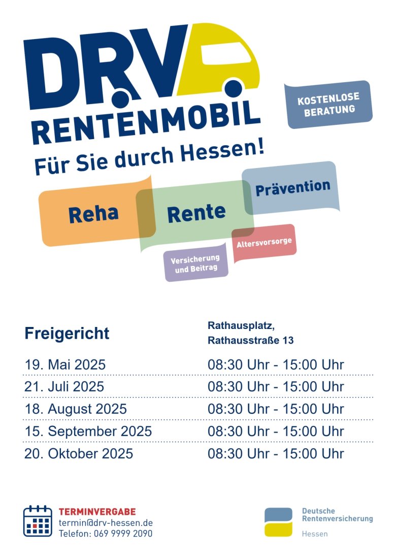Plakat Rentenmobil macht Station in Freigericht Information Rentenmobil mach Station in Freigericht mit Nennung der Termine