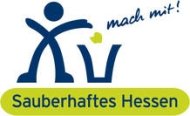 Foto des Logos Sauberhaftes Hessen, ein Strichmännchen, das Müll in einen Eimer wirft