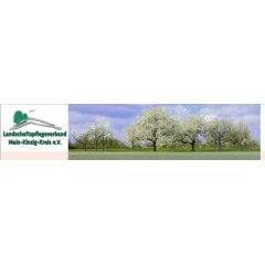 Foto des Logos vom Landschaftspflegeverband Main-Kinzig-Kreis e. V., das Logo zeigt zwei angedeutete Hügel auf denen Obstbäume stehen und daneben ein Bild mehrerer blühender Obstbäume