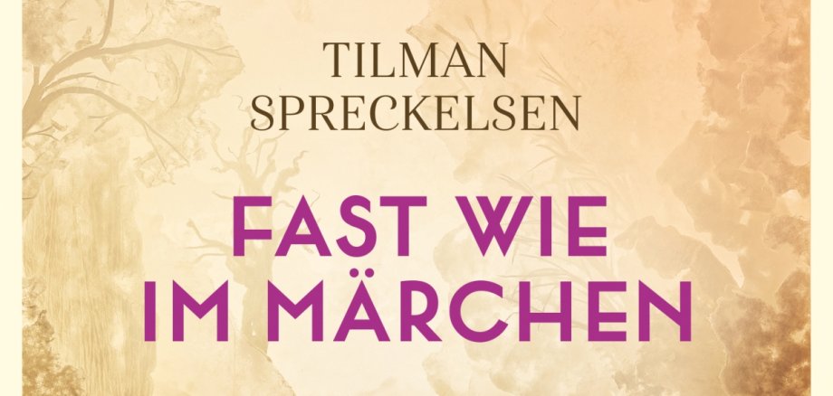 Cover von Fast wie im Märchen von Tilman Spreckelsen: Sepiafarbene Illustration zweier historisch gekleideter Männer in nebliger Wald- und Berglandschaft.