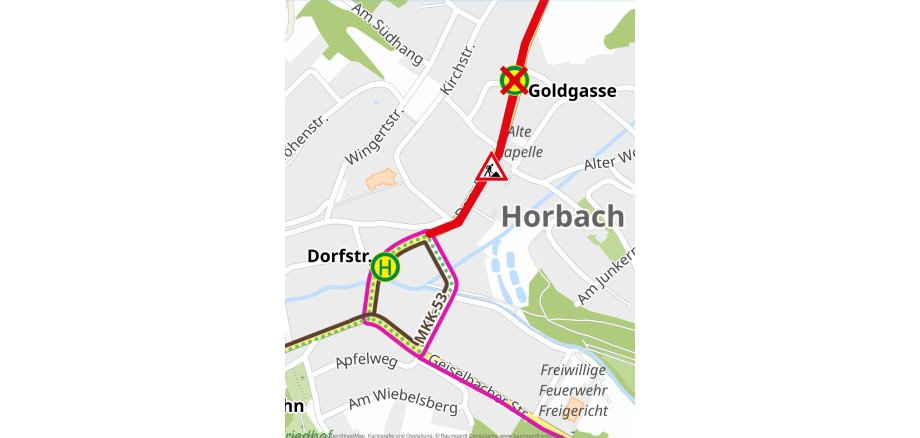 Lageplan Bushaltestelle während dem zweiten Bauabschnitt Dorfstraße in Freigericht-Horbach